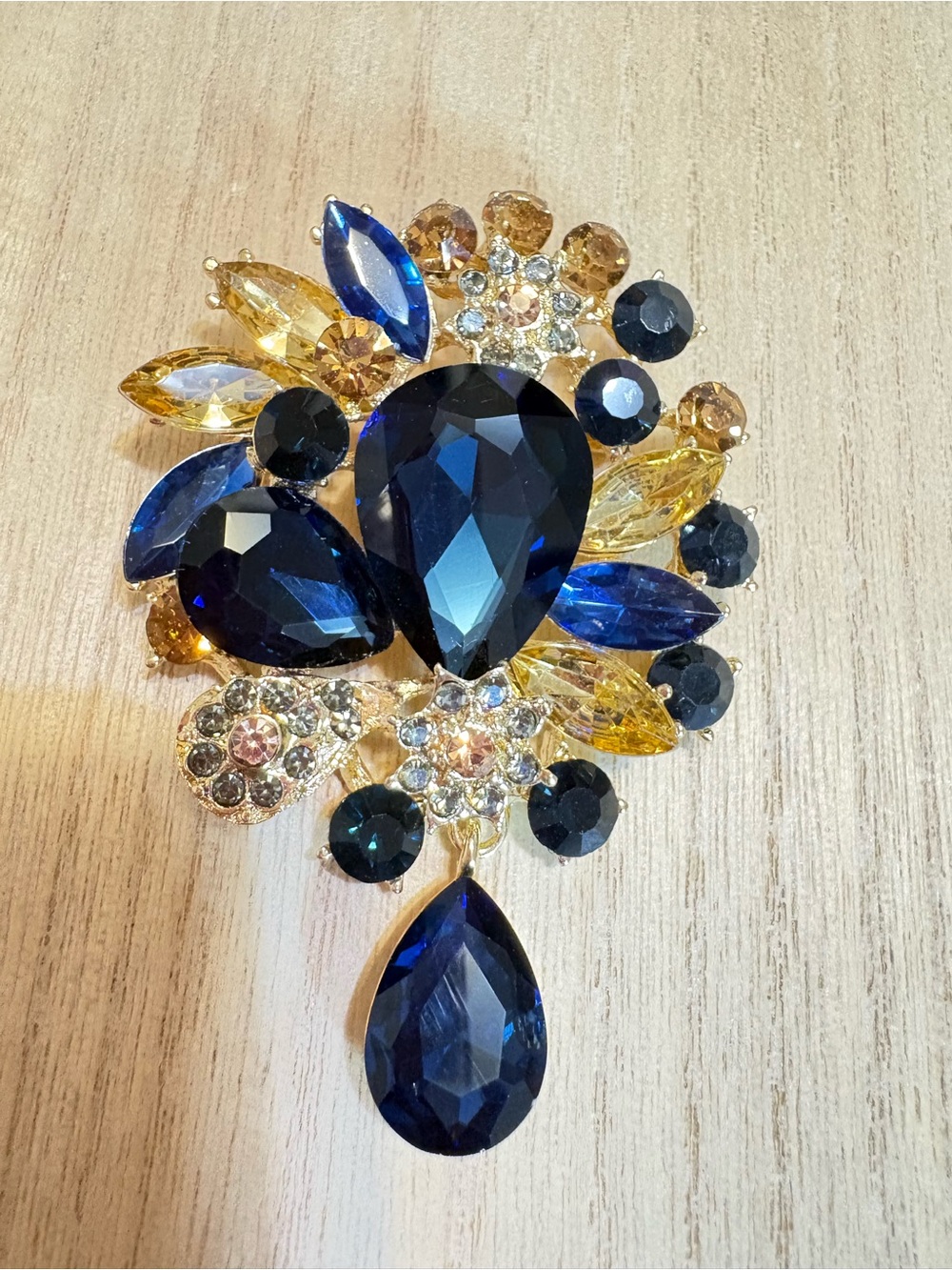 Blue and Gold Teardrop Crystal Brooch - Women Jewelry